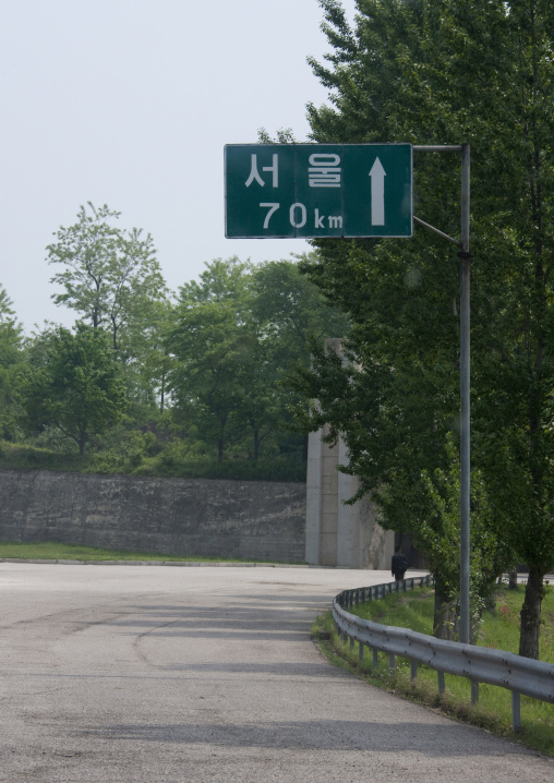 Seoul 70 km road sign on the Demilitarized Zone highway, North Hwanghae Province, Panmunjom, North Korea