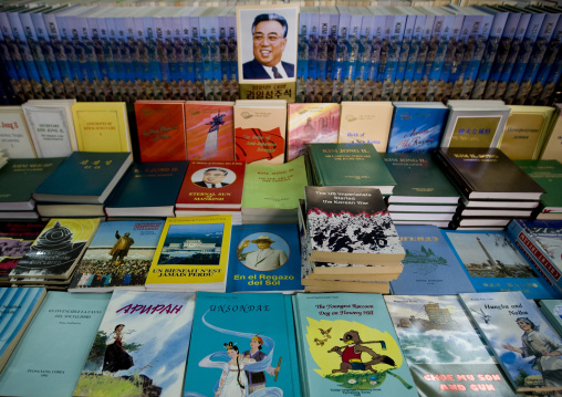 North Korean propaganda books for sale in a library, Pyongan Province, Pyongyang, North Korea