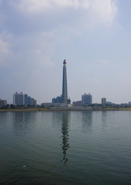 The Juche tower built to commemorate Kim il-sung's 70th birthday over the Taedong river, Pyongan Province, Pyongyang, North Korea