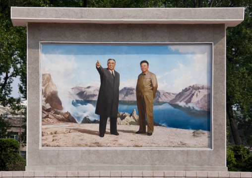 North Korean propaganda fresco depicting Kim il Sung and Kim Jong il in front of mount Paektu, North Hwanghae Province, Kaesong, North Korea