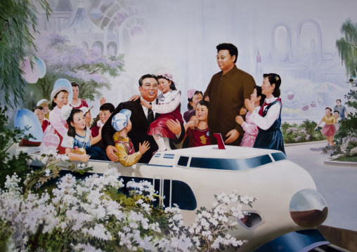 Propaganda poster of Kim il Sung and Kim Jong il with children, Pyongan Province, Pyongyang, North Korea