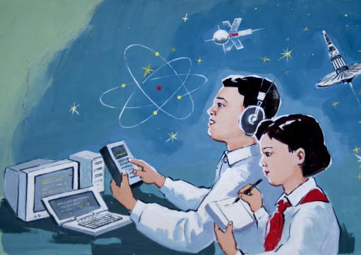 Propaganda poster showing North Korean students using computers, Pyongan Province, Pyongyang, North Korea