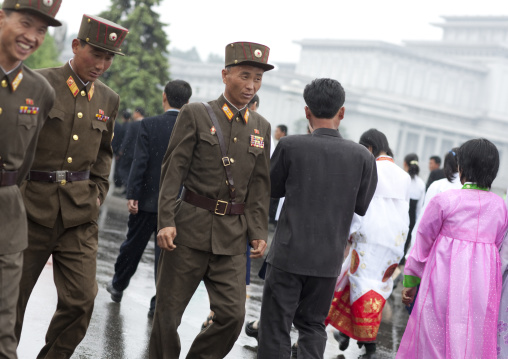 North Korean soldiers under the rain in Kumsusan memorial palace, Pyongan Province, Pyongyang, North Korea