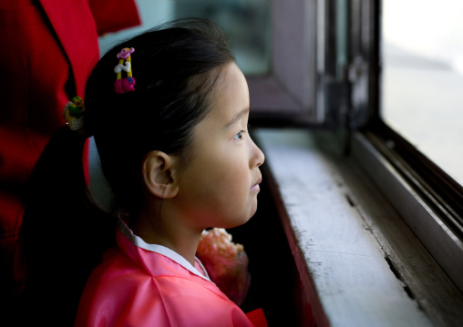 Young North Korean girl looking thru a window, Pyongan Province, Pyongyang, North Korea