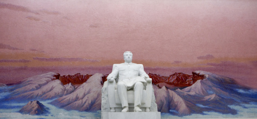 Giant statue of Kim il Sung sit in front of mount Paektu in the Grand people's study house, Pyongan Province, Pyongyang, North Korea