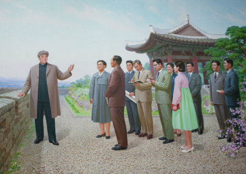 North Korean mosaic fresco depicting Kim il Sung giving advices to people during a visit, Pyongan Province, Pyongyang, North Korea