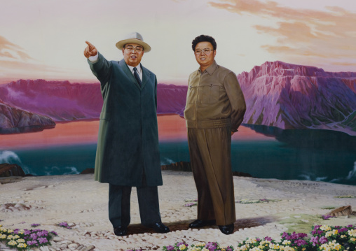Kim il Sung and Kim Jong il in mount Paektu propaganda poster, Pyongan Province, Pyongyang, North Korea