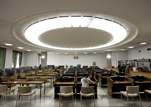 Multimedia room of the Grand people's study house with the offcial portraits of the Dear Leaders, Pyongan Province, Pyongyang, North Korea