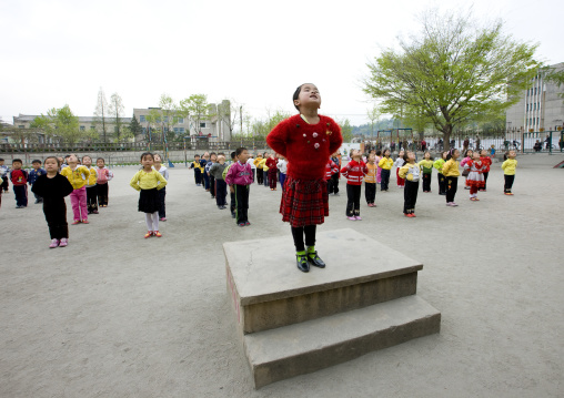 North Korean children making morning gymnastics at school, North Hwanghae Province, Kaesong, North Korea