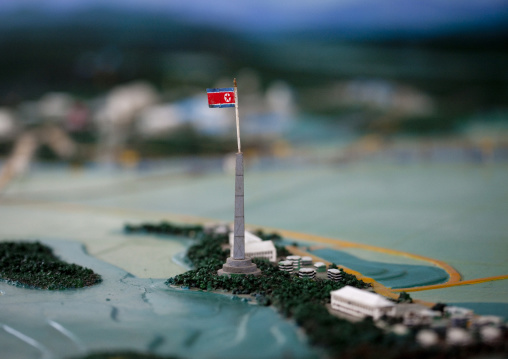 Demilitarized Zone mock-up model with the North Korean flag, North Hwanghae Province, Panmunjom, North Korea