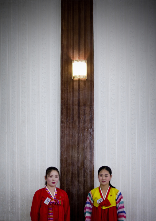 North Korean waitresses in a restaurant, Pyongan Province, Pyongyang, North Korea