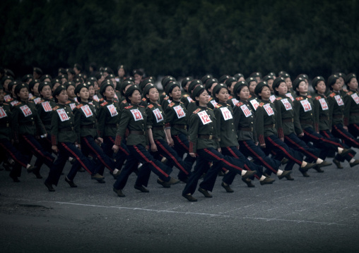 North Korean women military parade in the street, Pyongan Province, Pyongyang, North Korea