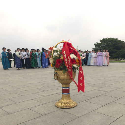 Baskets of flowers in Mansudae Grand monument, Pyongan Province, Pyongyang, North Korea