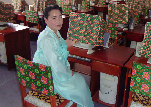 North Korean woman in the computer room in children's palace, Ryanggang Province, Samjiyon, North Korea