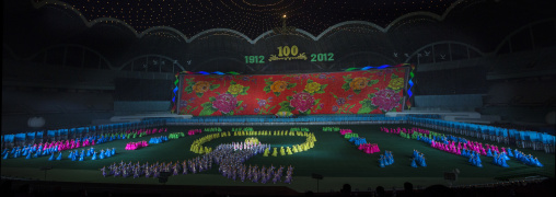 Panoramic view of the Arirang mass games with North Korean performers in may day stadium, Pyongan Province, Pyongyang, North Korea
