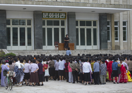 Women meeting in front of an official building, North Hwanghae Province, Kaesong, North Korea
