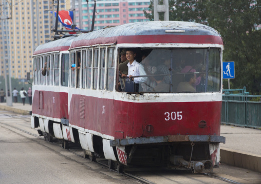 Old North Korean red tramway in bad condition, Pyongan Province, Pyongyang, North Korea