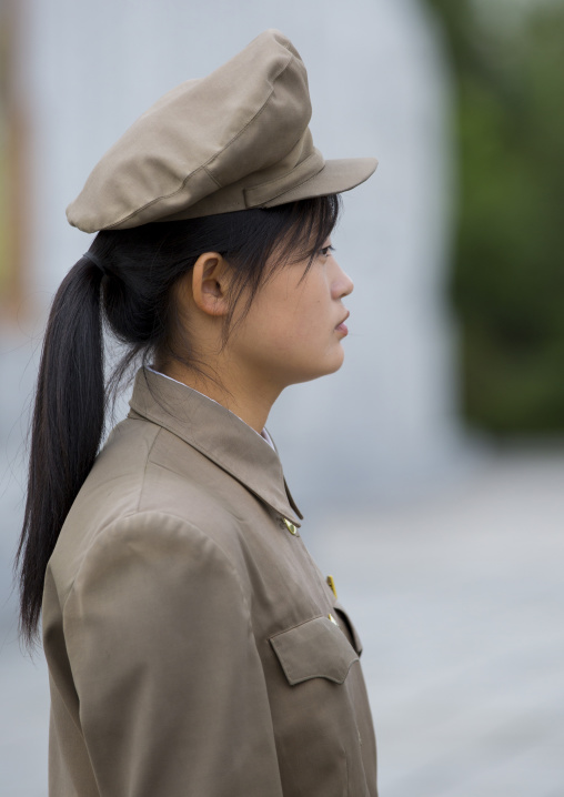 Side view of a North Korean young female guard, Pyongan Province, Pyongyang, North Korea