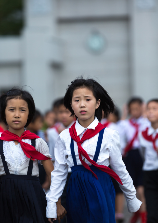North Korean pioneers girls in the street, Pyongan Province, Pyongyang, North Korea