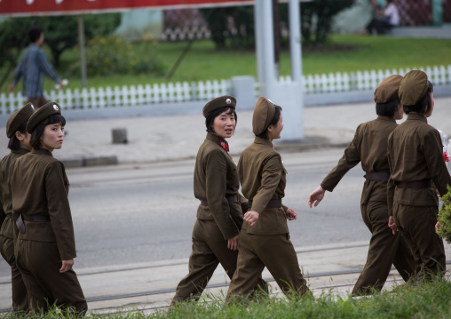 North Korean women soldiers walking in the street, Pyongan Province, Pyongyang, North Korea