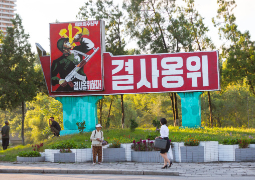 North Korean propaganda billboard with a soldier from the workers' Party of North Korea, Pyongan Province, Pyongyang, North Korea