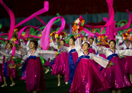 North Korean women dancing with ribbons during the Arirang mass games in may day stadium, Pyongan Province, Pyongyang, North Korea