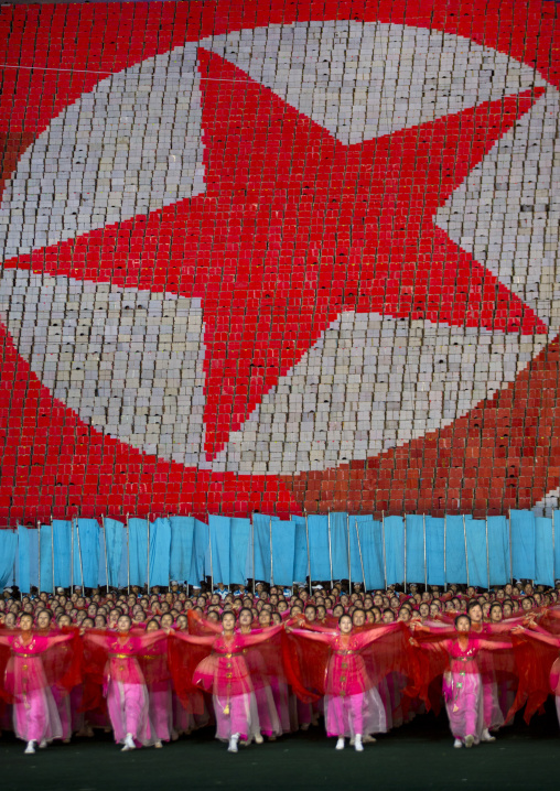 North Korean flag made by children pixels holding up colored boards during Arirang mass games in may day stadium, Pyongan Province, Pyongyang, North Korea