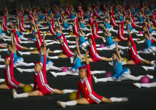 North Korean gymnasts children performing during the Arirang mass games in may day stadium, Pyongan Province, Pyongyang, North Korea