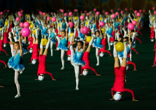 North Korean children gymasts performing with balloons during the Arirang mass games in may day stadium, Pyongan Province, Pyongyang, North Korea