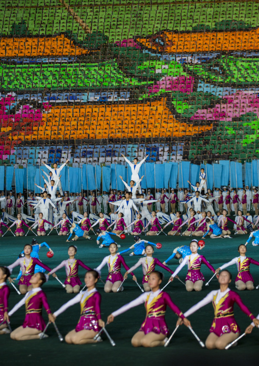 North Korean gymnasts and acrobats performing during Arirang mass games in may day stadium, Pyongan Province, Pyongyang, North Korea