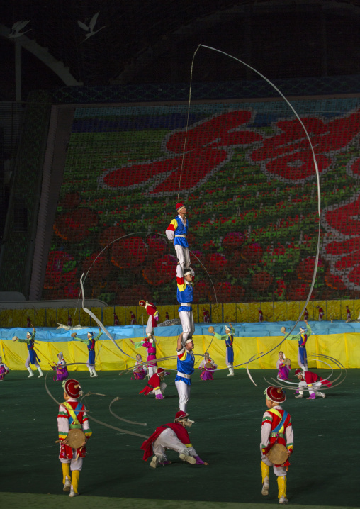 North Korean pungmul performers during the Arirang mass games in may day stadium, Pyongan Province, Pyongyang, North Korea