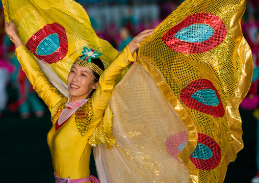 North Korean dancer with butterfly wings during Arirang mass games in may day stadium, Pyongan Province, Pyongyang, North Korea