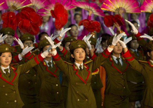 North Korean women dressed as soldiers at Arirang mass games in may day stadium, Pyongan Province, Pyongyang, North Korea