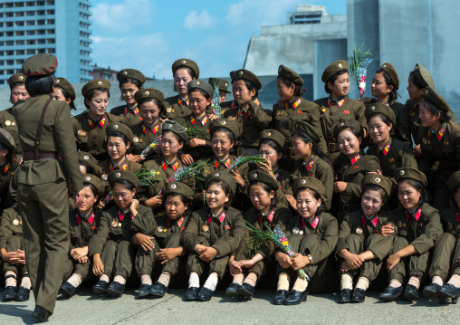 North Korean soldiers women posing for a photo souvenir, Pyongan Province, Pyongyang, North Korea