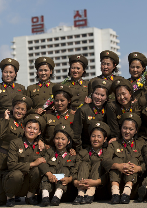 North Korean soldiers women posing for a photo souvenir, Pyongan Province, Pyongyang, North Korea
