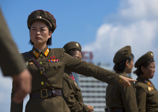 North Korean female soldier giving instructions, Pyongan Province, Pyongyang, North Korea