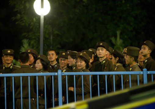 North Korean soldiers queueing for the roller coaster in Kaeson youth park, Pyongan Province, Pyongyang, North Korea
