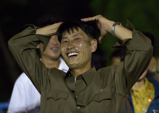 North Korean man coming down from a roller coaster in Kaeson youth park, Pyongan Province, Pyongyang, North Korea