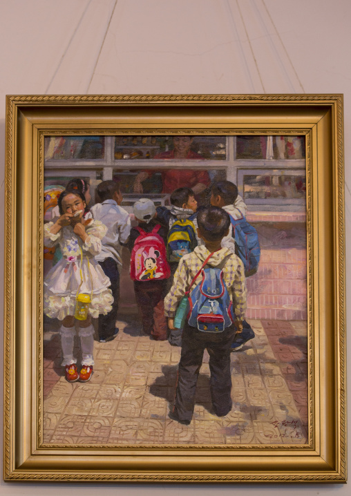 Painting in an art gallery depictig pupils with Mickey mouse bag, Kangwon Province, Wonsan, North Korea