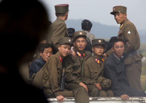 North Korean soldiers sit in the back of a truck, South Hamgyong Province, Hamhung, North Korea