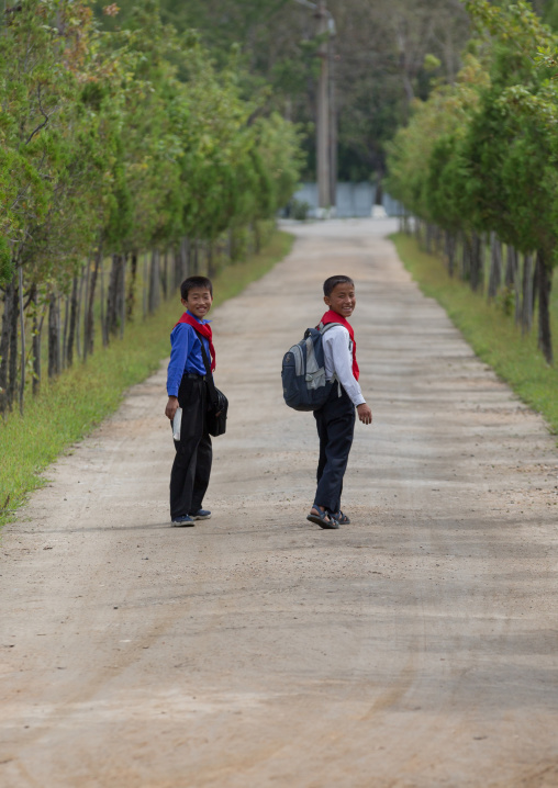 Portrait of North Korean boys coming back from school, South Hamgyong Province, Hamhung, North Korea