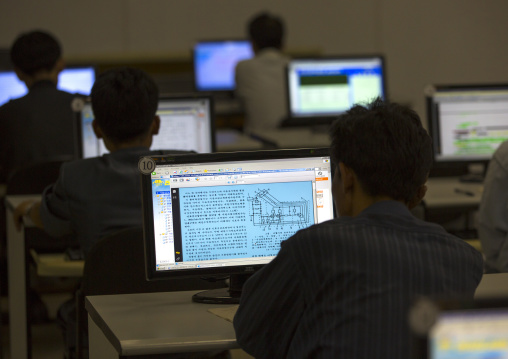 North Korean students using intranet in the computer room of the Grand people's study house, Pyongan Province, Pyongyang, North Korea