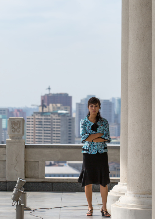 North Korean woman on the terrace of the Grand people's study house, Pyongan Province, Pyongyang, North Korea