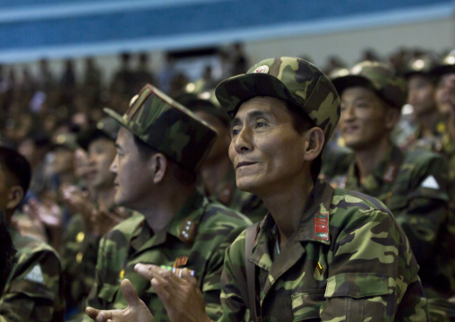 North Korean soldiers enjoying the show in Rungna dolphinarium, Pyongan Province, Pyongyang, North Korea