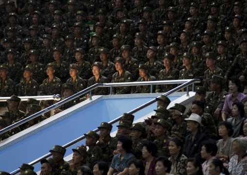 North Korean soldiers enjoying the show in Rungna dolphinarium, Pyongan Province, Pyongyang, North Korea