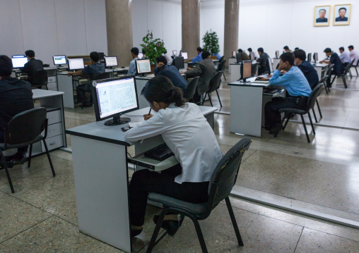 North Korean students in the computers room of the Grand people's study house, Pyongan Province, Pyongyang, North Korea