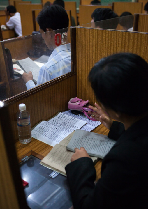 North Korean students during an english classroom in the Grand people's study house, Pyongan Province, Pyongyang, North Korea