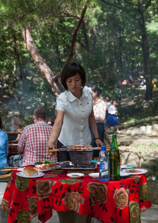 North Korean woman preparing a bbq for a picnic in a park on a sunday, Pyongan Province, Pyongyang, North Korea