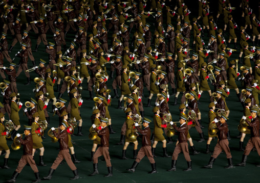 Military band during Arirang mass games in may day stadium, Pyongan Province, Pyongyang, North Korea