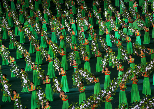 North Korean women dancing in choson-ot during the Arirang mass games in may day stadium, Pyongan Province, Pyongyang, North Korea